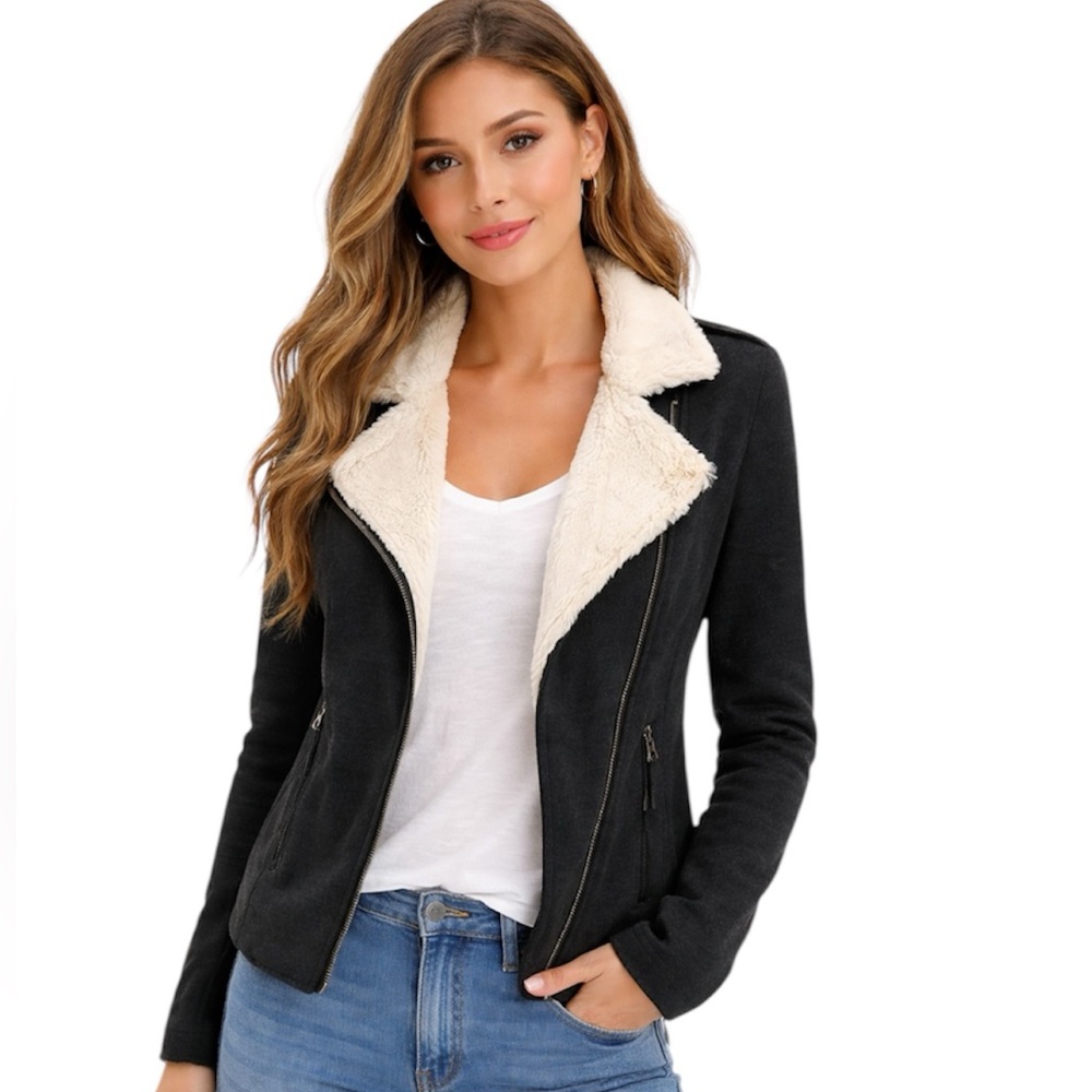 LUCKY BRAND Faux Fur Collar Gray Moto Jacket